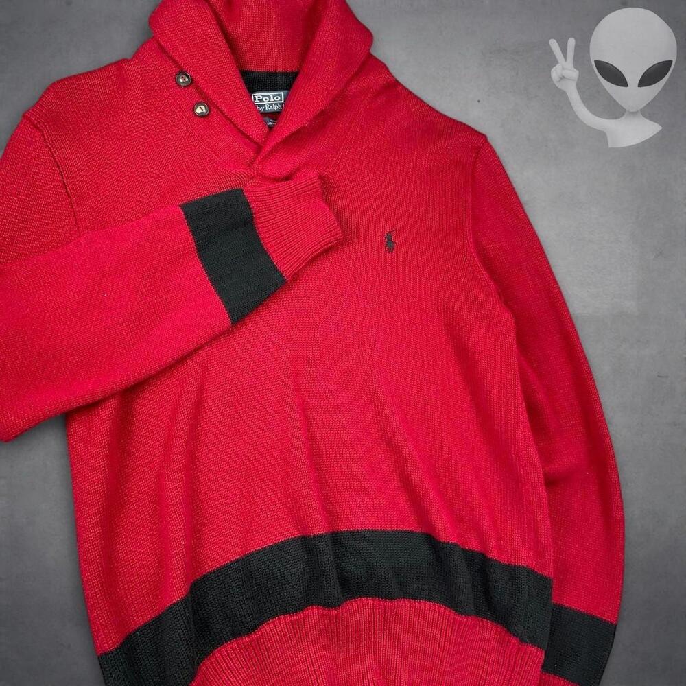 Vintage Polo Ralph Lauren Red Shawl Collar Sweater Black Stripe Medium Preppy - Picture 3 of 8